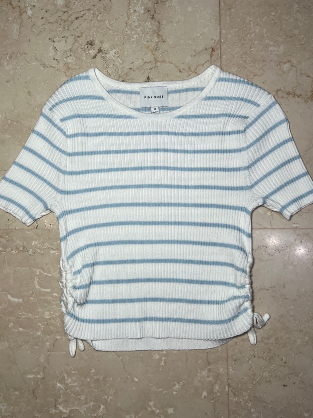 (NWOT) Pink Rose blue & white striped crop top with tie detail